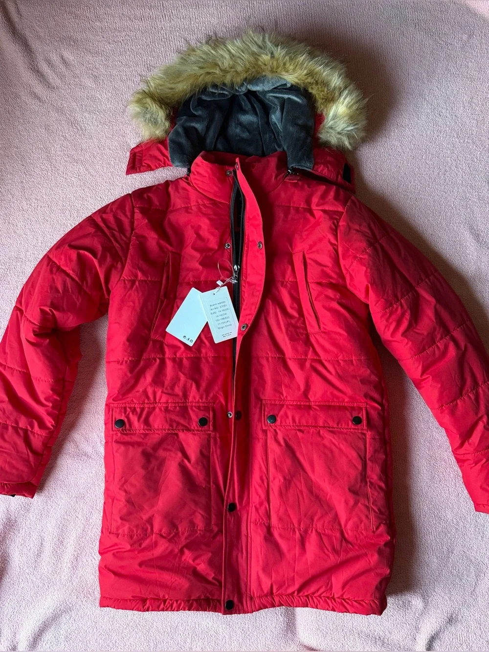 Children's Red Faux-Fur Trim Hooded Coat